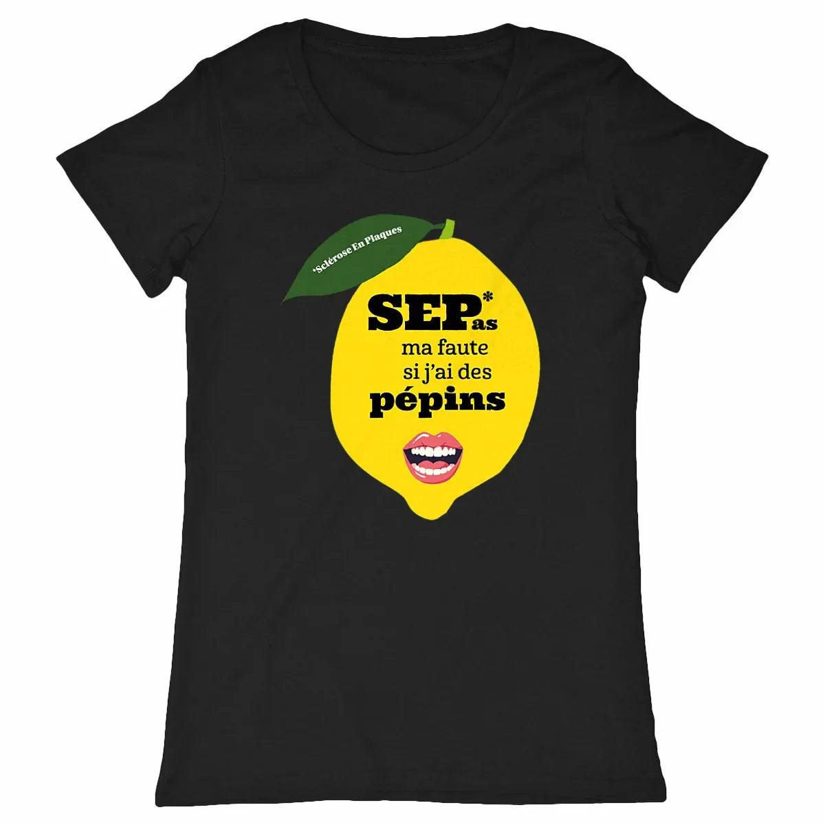 T-shirt femme Pépin de Vie Seplavie noir, marque engagée sclérose en plaques impression française