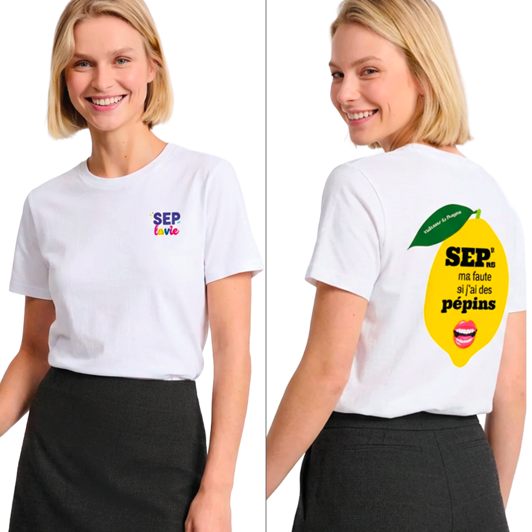 T-shirt blanc Pépin de Vie Seplavie, représente positivement le handicap invisible et la sclérose en plaques impression française coton bio