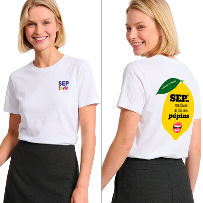 T-shirt blanc Pépin de Vie Seplavie, représente positivement le handicap invisible et la sclérose en plaques impression française coton bio