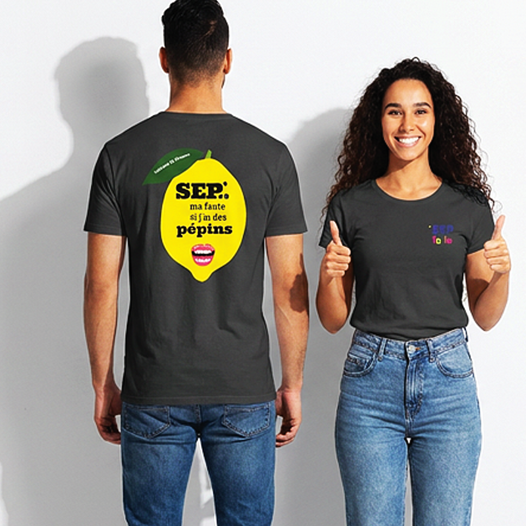 T-shirt noir Pépin de Vie Seplavie, représente positivement le handicap invisible et la sclérose en plaques impression française coton bio