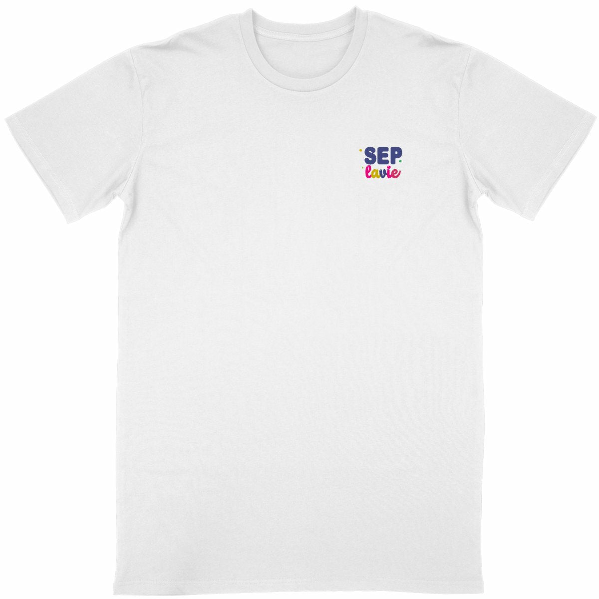 T-shirt blanc unisexe Pépin de Vie Seplavie, représente positivement le handicap invisible et la sclérose en plaques impression française coton bio