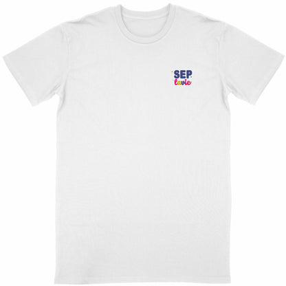 T-shirt blanc unisexe Pépin de Vie Seplavie, représente positivement le handicap invisible et la sclérose en plaques impression française coton bio