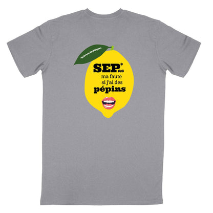 T-shirt unisexe gris Pépin de Vie Seplavie, représente positivement le handicap invisible et la sclérose en plaques impression française coton bio