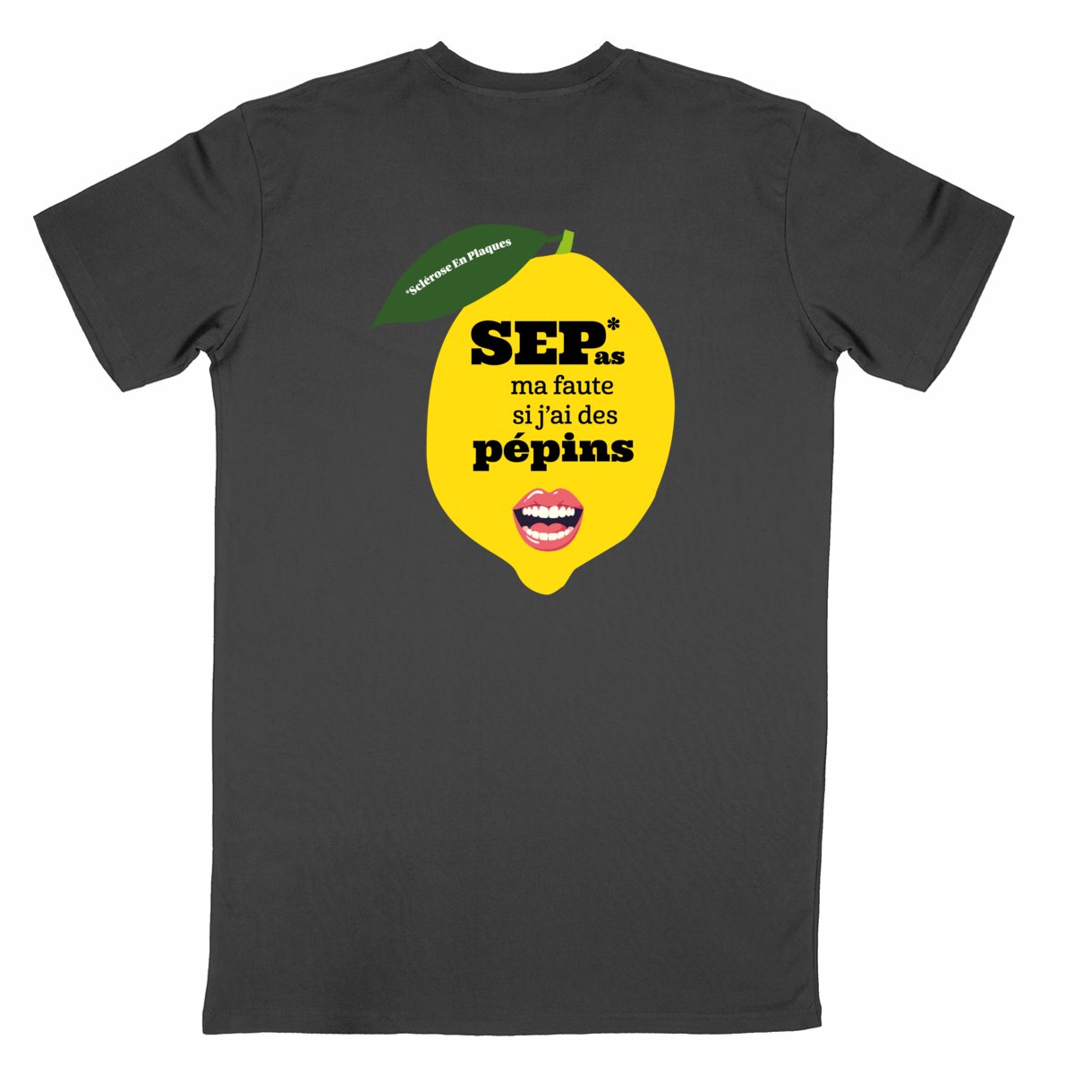 T-shirt unisexe noir Pépin de Vie Seplavie, représente positivement le handicap invisible et la sclérose en plaques impression française coton bio